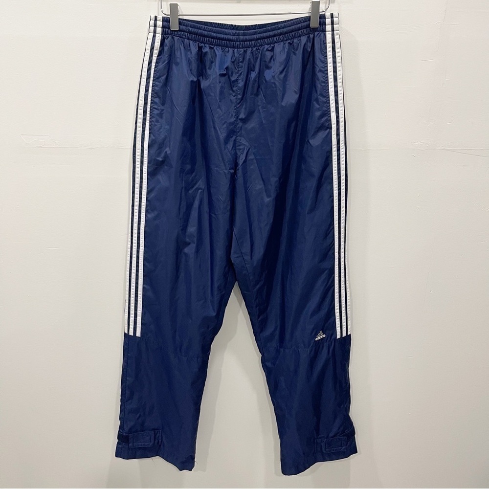 Vintage Adidas Stripe Trim Wind Nylon Pants Wide Leg Adjustable Blue Large